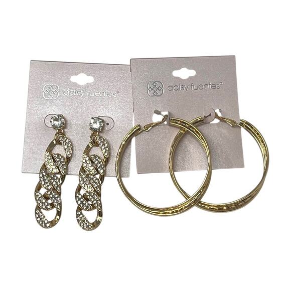 Daisy Fuentes Gold Tone Hoop and Crystal Chain Link Earrings Set (2 Pairs NWT) - Picture 6 of 6